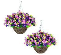 Artificial Flowers Hanging Planter Out Door,Set of 2-Artificial Flower Faux Silk Daisy Wildflowers Petunias Artificial Rattan ,Artificial Hanging Baskets (Purple)