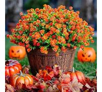 Artificial Flowers Outdoor Plastic Plants - 12 Bundles Outside Face Mums Fake Greenery UV Resistant No Fade Faux Shrubs Home Garden Porch Patio Decoration Bundles Office Thanksgiving(RedOrange)