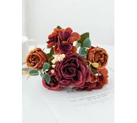 Artificial Flowers Retro Silk Rose Bouquet Hydrangea Peony Vintage Bride Holding Fake Plants Home Wedding Decoration Accessories-Brown