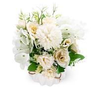 Artificial Flowers with Vase, Realistic Hydrangea Roses Silk Flowers Arrangements, Fake Flowers in Pot for Home Decoration, Wedding Table, Window, Living Room, Bedroom, Office, Party Deco (White)