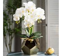 Artificial flowers Yellow Artificial Orchid in Ceramic Vase - Realistic Faux Phalaenopsis Flowers, Polyurethane Decorative Floral Arrangement for Home Decor, Very Natural Look