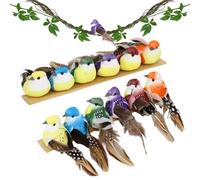 Artificial Foam Birds, Fake Birds - 12X Unique Bird Decorations with Feather Tail | Clip On Birds for Craft Project, Christmas Tree Decoration, Seasonal Display