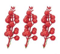 Artificial Glitter Berry Stems 3PCS 20cm for Red Sparkling Flexible Iron | Foam berries with flexible iron wire stems for DIY decor use in Christmas wreaths garlands birthdays parties