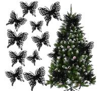Artificial Glitter Butterflies Clip On Ornaments Butterfly Decor for Christmas Tree Decoration Wreaths Craft - 12-Pack 5inch 3D Double-Layered Hollow Butterflies (Black)