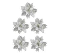 Artificial Glitter Poinsettia Flower Silver 5pcs Christmas Tree Decor