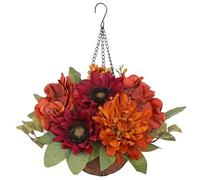 Artificial Hanging Flower Basket Faux Autumn Flowers for Fall Decorations | Red Orange Realistic Faux Hanging Basket with Sunflowers Hydrangea Dahlia for Indoor/Outdoor Porch Patio Autumn Decor