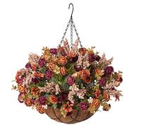 Artificial Hanging Flower with Basket for Home Courtyard Decoration, Artificial Silk Rose Fake Plant Arrangement in 12 inch Coconut Lining Basket for Outdoor Indoor Decor,10 Bundles with Basket(Brown)