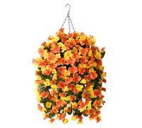 INQCMY Artificial Hanging Flowers Basket for Fall Autumn Outdoor Decor,Faux Silk Begonia in Planter Look Real UV Resistant for Porch Home Patio Garden Yard Decoration