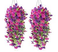 Artificial Hanging Flowers Outdoor,4Pcs Artificial Hanging Plants UV Resistant Fake Vine Plant Faux Drooping Flower Artificial Trailing Plants for Wall Garden Porch Wedding Decor(Purple+rose red)