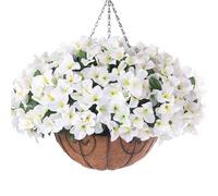 Artificial Hanging Flowers Plant with Basket for Outdoors, Fake Hanging Plants Silk Bougainvillea in Planter Look Real UV Resistant Faux Flower for Porch Patio Garden Home Decor (White-New)