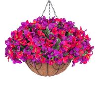 Artificial Hanging Flowers Plant with Basket for Outdoors, Fake Hanging Plants Silk Bougainvillea in Planter Look Real UV Resistant Faux Flower for Outside Porch Patio Garden Home Decor, PurpleHotpink
