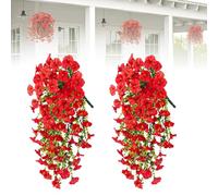 Artificial Hanging Morning Glory Flowers, 2025 New Silk Morning Glory, Realistic Faux Flowers for Wedding Decor, Premium Eucalyptus Leaves for Home Decor (Red)