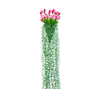 Artificial Hanging Plant with Tulips, 25x100 cm, Green Trailing Vine Wall Mounted Decoration, Simulated Weeping Foliage for Wedding and Home Decor (Wine)