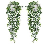 Artificial Hanging Plants Pack of 2 - White Pots Faux Datura Vines Decor