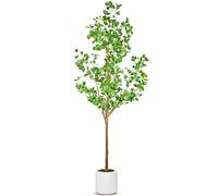 Artificial Heart Ficus Trees, 6 FT Fake Plants with White Tall Planter, Faux Tree with Pots and Artificial Dew Drops on Leaves Water for Home Office Decor