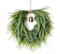 Artificial Heart-Shaped Wreath with Copper Bell, 18 Inch Norfolk Pine Hanging Ornament for Front Door Decor, All-Season for Wedding Valentine Christmas, Hanging Greenery Decoration