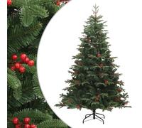 Artificial Hinged Christmas Tree, 180 cm Green, Lifelike PE Tips & PVC, with 50 Cones & 50 Red Berries, Sturdy Iron Stand, Easy Assembly for Holiday Decoration