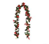 Artificial Holly Garland 175cm with Red Berries - Festive Christmas Greenery Vine for Home Decor - Plastic Faux Ivy for Mantle Stairs(No. 76)