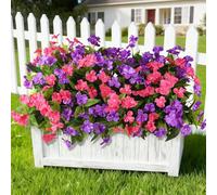 Artificial Impatiens Flowers for Outdoors, 6 Bundles Silk Fake Flowers for Spring Summer Decoration, UV Resistant Faux Plants Plastic Bouquet for Home Planter Porch Patio Yard Decor(Purple Rose Red)