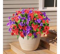 Artificial Impatiens Flowers for Outdoors, 6 Bundles Silk Fake Flowers for Spring Summer Decoration, UV Resistant Faux Plants Plastic Bouquet for Home Planter Porch Patio Yard Decor(Red Purple)