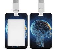 Artificial Intelligence Brain Badge Holders with Push-Pull Slot&Lanyard Waterproof Plastic Vertical Work ID Card Holder Portable Travel Document Protector Detachable Card Protector