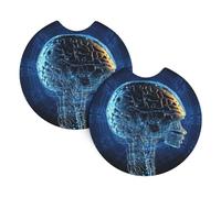 Artificial Intelligence Brain Car Coasters for Cup Holders, 2 Pack Absorbent Car Cup Holder Coaster with Finger Notch 2.7 Inch Non-Slip Car Cup Pad Cute Car Accessories Interior for Women Men