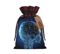 Artificial Intelligence Brain Christmas Drawstring Gift Bags with Tags, Buffalo Plaid Xmas Gift Bags Reusable Gift Wrapping Bag Christmas Fabric Goody Gift Sacks for Party Presents Decorations