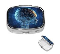 Artificial Intelligence Brain Pill Box 2 Compartment Round Metal Pill Case for Purse & Pocket, Portable Medicine Organizer Travel Pillbox Daily Pill Container Holder to Hold Vitamins, Fish Oil