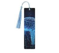 Artificial Intelligence Brain Wooden Bookmarks 5 Pcs,Handmade Double-Sided Printed Book Marks Page Markers with Sky Blue Tassels Book Accessories Gift for Book Lovers Women Men