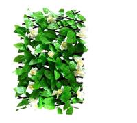 Artificial Ivy Fence Panel - Expandable 40cm Tall x 20-200cm Wide Outdoor Privacy Screen with Realistic Green Leaves & White Flowers, for Gar
