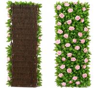 Artificial Ivy Fence Screening, Expandable Faux Leaf Trellis with Purple Flowers, Garden Privacy Hedge Screen for Balcony Patio Backyard Outdoor Decor (Pink, 4Pcs)