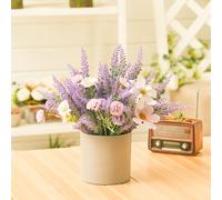 Artificial Lavender Potted Purple Flower Rustic Wood Planter Tabletop Decor