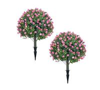 Artificial Lavender Topiary Ball Trees, 2 Set of UV Resistant Fake Shrubs Bushes Plants with Ground Spike, Fake Plants for Outdoor Indoor Front Porch Garden(Pink)