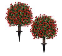 Artificial Lavender Topiary Ball Trees, 2 Set of UV Resistant Fake Shrubs Bushes Plants with Ground Spike, Fake Plants for Outdoor Indoor Front Porch Garden(Red)