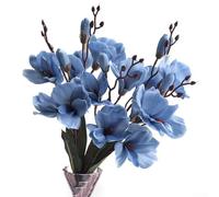 Artificial magnolia flower bouquet with 5 prongs and 20 heads, plastic simulated flowers for decorating living rooms and offices (blue)