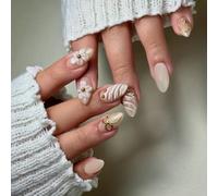 Artificial Manicure Pieces Floral Embossed Finish | Soft White 30 Piece ABS Collection with Mixed Sizes for Date Ready Wear, Gold Tone Detail