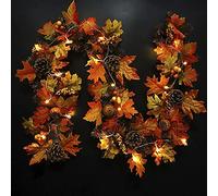 Artificial Maple Leaves Garland, 5.9 Ft/1.8m Artificial Autumn Garland With Pumpkins Pine Cones Hanging Vine Wreath For Halloween Christmas Front Door Fireplace Decor(With Light)