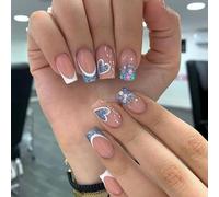 Artificial Nail Tips - Short Almond French Press on Nails with Glitter Hearts, Sparkling Blue Accents and Pearl-Like Details for Manicure Artistry, Galaxy Design on Modern Squoval Shape