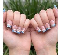 Artificial Nail Tips with Delicate Floral Design & French Ombre Effect - Squoval Shape Natural Pink Nude Base Glossy Finish Press On Nails for Women Spring Inspired Elegant DIY Manicure Kit