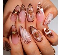 Artificial Nail Tips with Elegant Floral & Abstract Designs - Long Stiletto Glossy Press On Nails Handmade 3D Acrylic Set for Women Featuring Gold Rhinestones and Pearl Accents