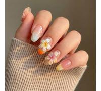 Artificial Nail Tips with Floral Ombre Design and 3D Flower Embellishments - Short Almond Style Press On Nails for Women, French Manicure, Glossy Finish, Easy Application for Parties and Daily Wear