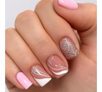 Artificial Nail Tips with Glitter French Design - 24Pcs Short Square False Nails Reusable for Women, Pastel Pink White Rose Gold Glossy Manicure for Daily Wear Parties Weddings and Elegant Touch