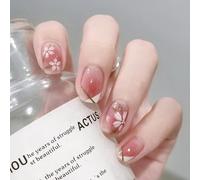 Artificial Nail Tips with Pink Ombre and Floral Design - Short Square False Nails Set for Women, Elegant Glossy French Tip with Gold Line Accents, Oval Pre-Designed Manicure Kit for Easy Application,