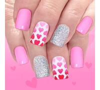 Artificial Nails Pink Glossy French Design With Valentine Heart Glitters 24Pieces False Nails For Weddings Evening Event Valentines Day Press On Nail Pink Heart Glitters