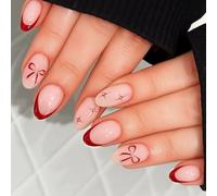 Artificial Nails Set with Glossy French Tip and Red Bow Design - 24PCS Reusable Oval Press On Fingernails for Women, Manicure Kit for Party Wedding Events, Fingertip Decorations