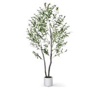 Artificial Olive Tree 5FT, Indoor Fake Silk Plant with Realistic Trunk, Leaves, Fruits and White Planter, Faux Potted Tree for Home Decor and Housewarming Gift, 1 Pack