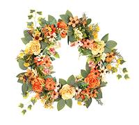 Artificial Orange Peony Wreath Fall Spring Flowers Green Leaves Wreath Yellow Daisy Front Door Flower Wreath for Home Farmhouse Patio Porch Wall Decor 15.7 Inch