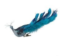 Artificial Peacock Bird Ornament with Feather Tail and Glitter Highlights, Includes Metal Clip for Easy Attachment to Holiday Trees and Displays