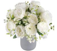 Artificial Peonies Silk Flowers, White Faux Peony Bouquet 4 Bundles Florals Arrangements Decor for Farmhouse Home Boho Wedding Table Centerpiece, Fake Plastic Flowers Bulk for Vase Decoration (White)