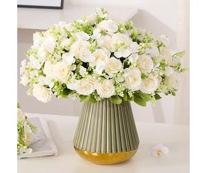 Artificial Peony Bouquet Silk Fake Flower Bunch Cream White Floral Arrangement Wedding Centerpiece Home Decor (White)